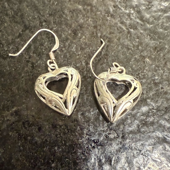 Vintage Sterling Silver Open Heart Filigree Hook Drop Dangle Earrings – 4g - Picture 1 of 9